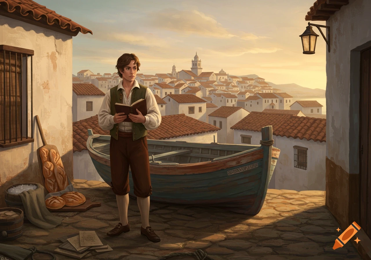 A young man in historical attire reads a book in a sunlit coastal village with a boat and many white houses.