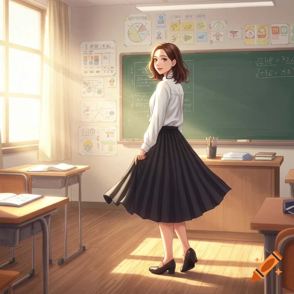 A female teacher in a white shirt and black pleated skirt stands in a sunny anime-style classroom.