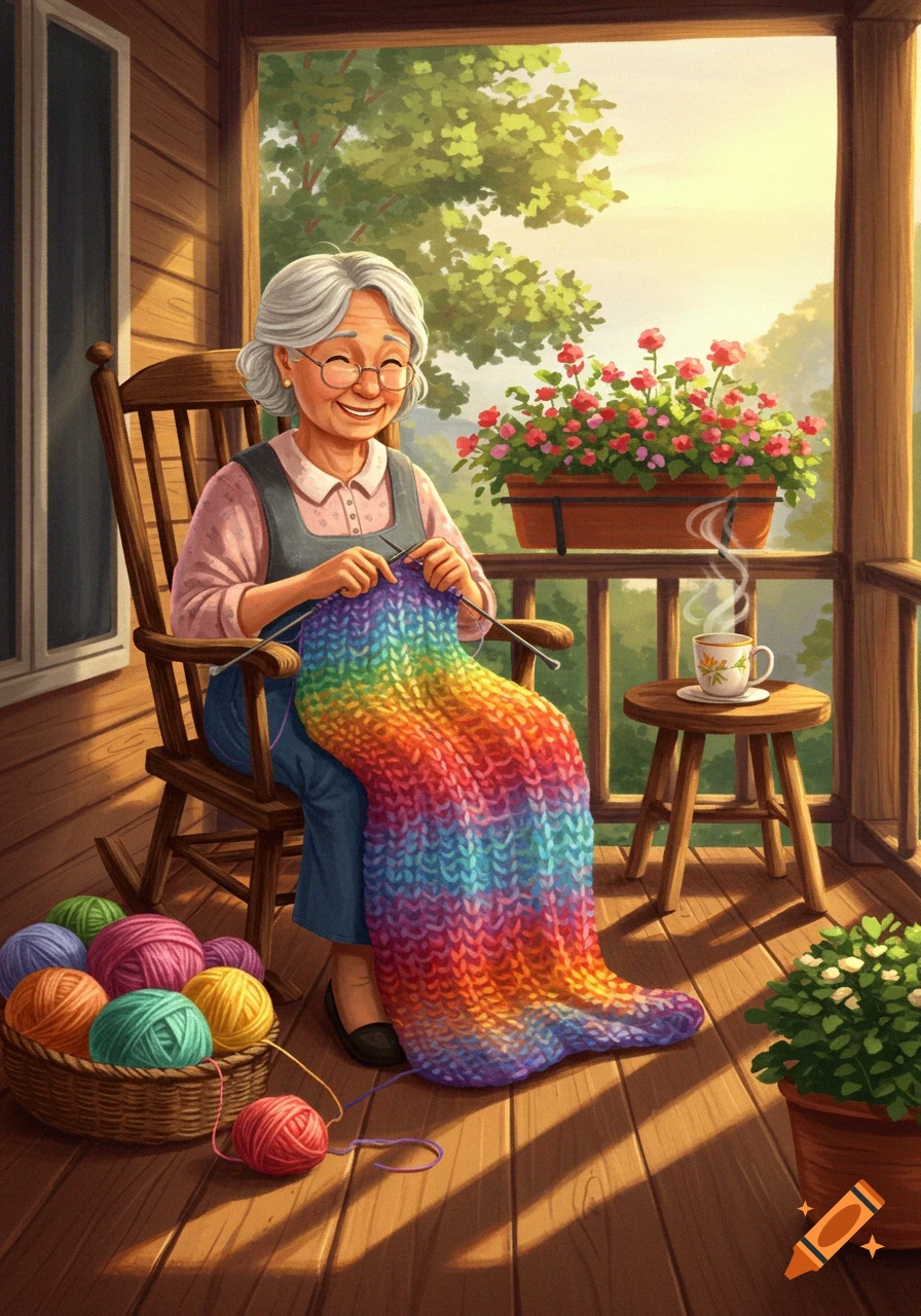 A happy elderly woman in a rocking chair on a sunlit wooden porch knits a vibrant rainbow blanket, with yarn in a basket nearby.