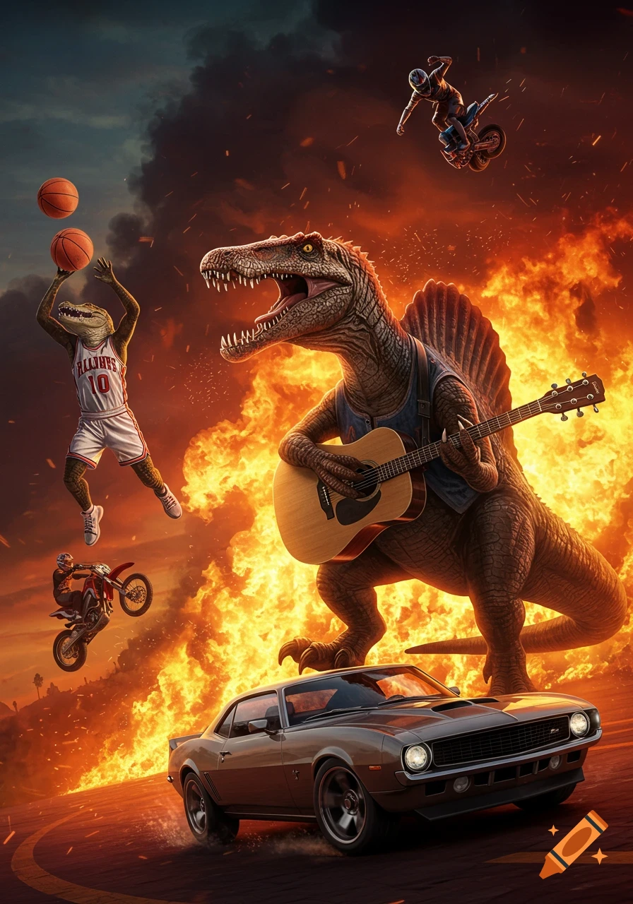 A spinosaurus plays guitar as an alligator dunks a basketball. A motorcyclist jumps over a driving car, all surrounded by flames.