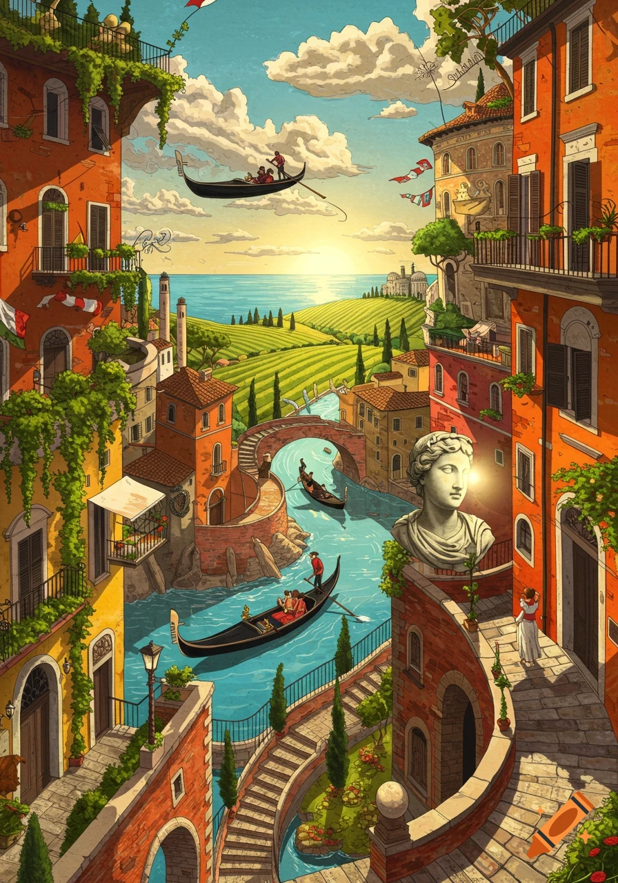 A vibrant, stylized illustration of a fantastical Italian village with canals, colorful buildings, rolling green hills, and a flying gondola in a sunny sky.
