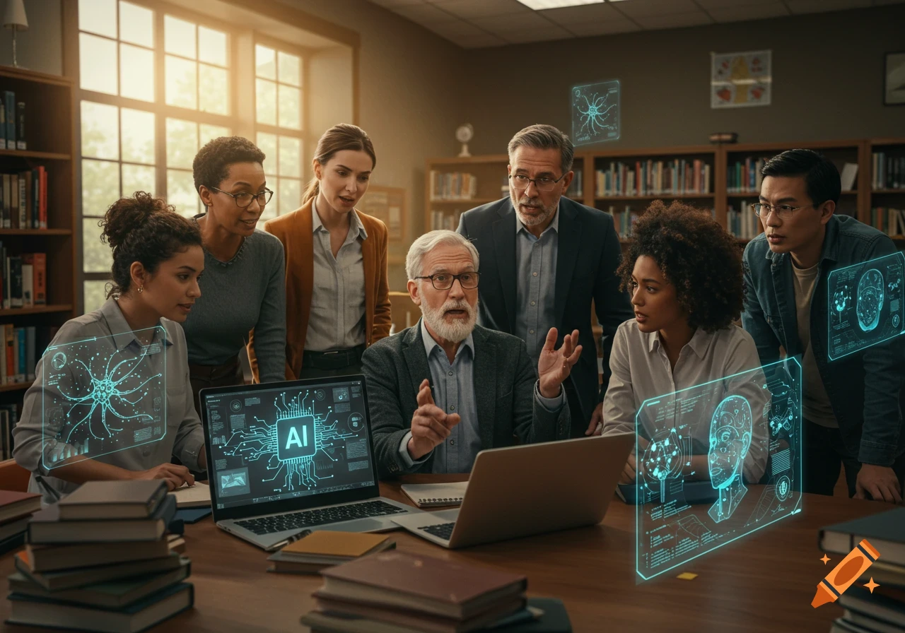 Diverse professionals debate artificial intelligence in a library, with laptops displaying 'AI' and holographic data visualizations.