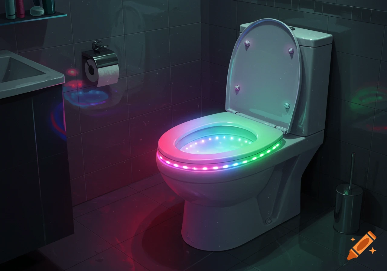 A toilet with glowing rainbow LED lights illuminating a dark, tiled bathroom.
