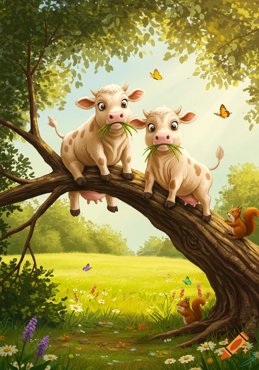 Two whimsical cartoon cows with big eyes sit on a tree branch in a sunny, flowery meadow with butterflies and squirrels.