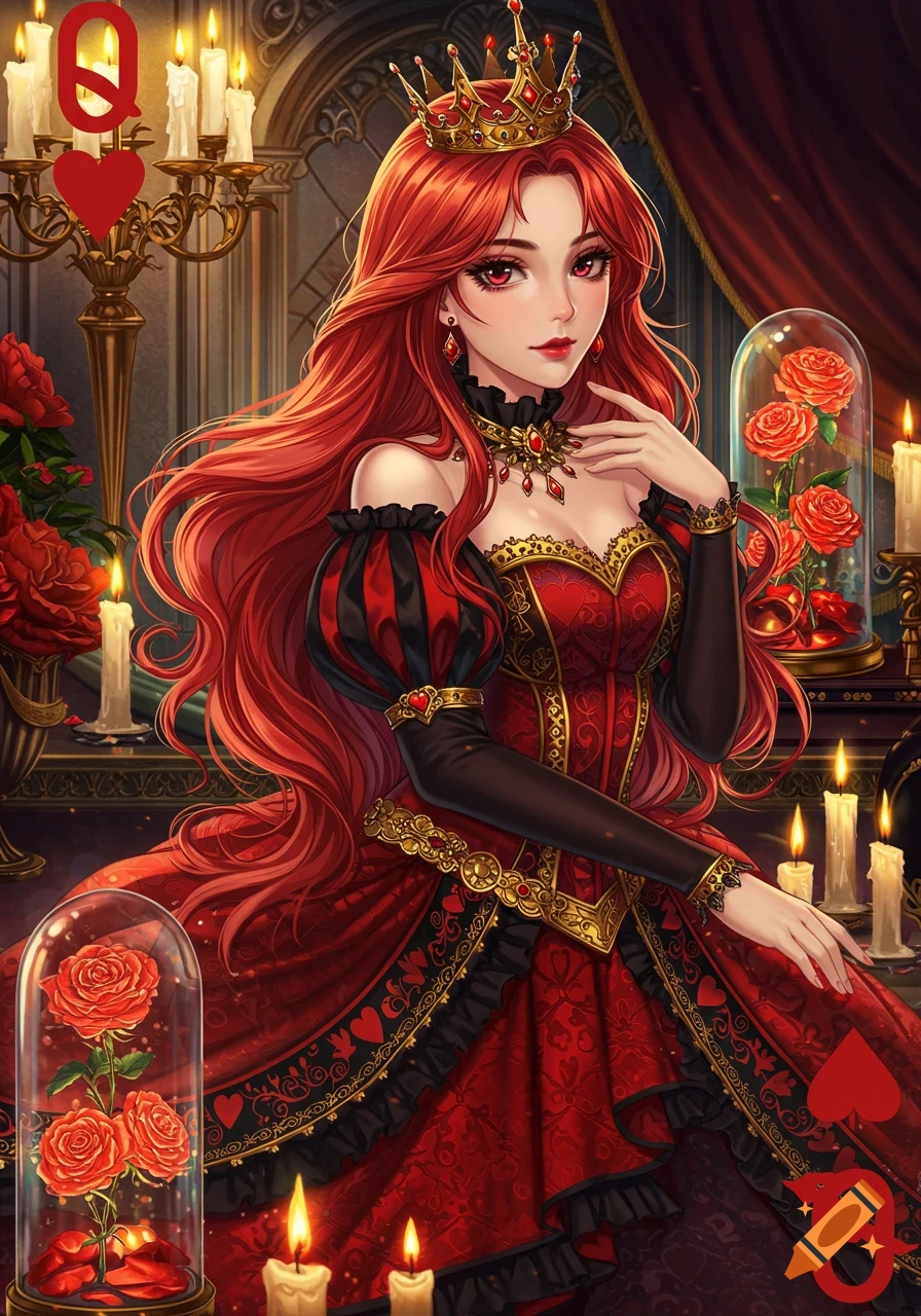 An anime girl as the Queen of Hearts, with long red hair, a golden crown, and an elaborate red and black dress, surrounded by candles and roses.