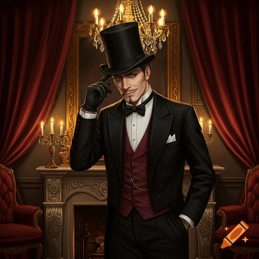 A stylish man in a top hat and tuxedo tips his hat in a dimly lit, elegant room with a chandelier and red curtains.