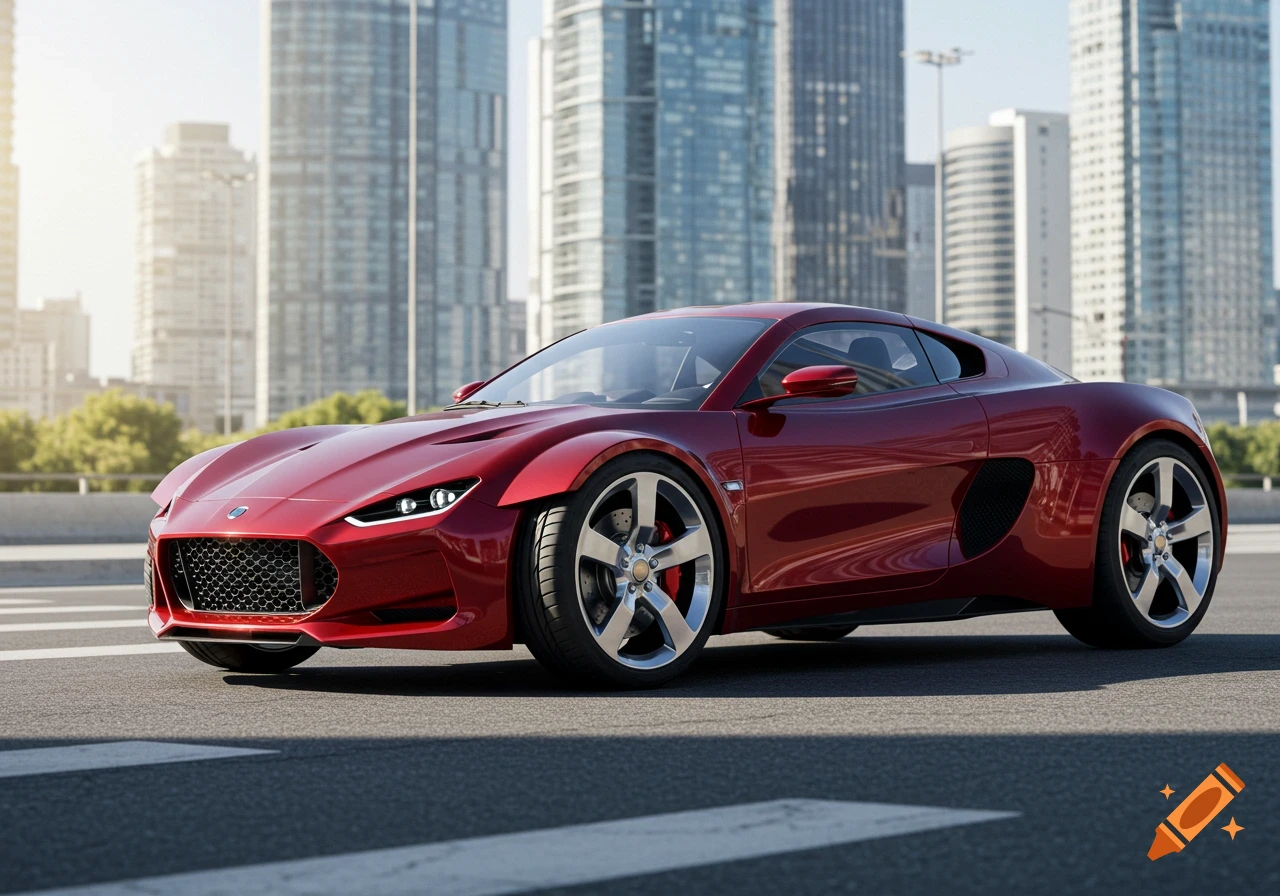 A sleek, metallic red sports car parked on an asphalt road with a blurred modern city skyline in the background.