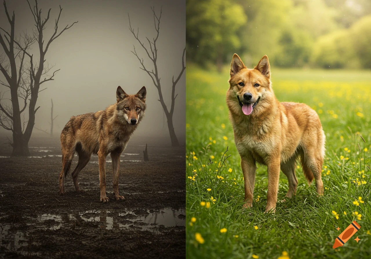 A split image of a lean wolf in a foggy marsh on the left and a healthy golden dog in a sunny, flowery field on the right.