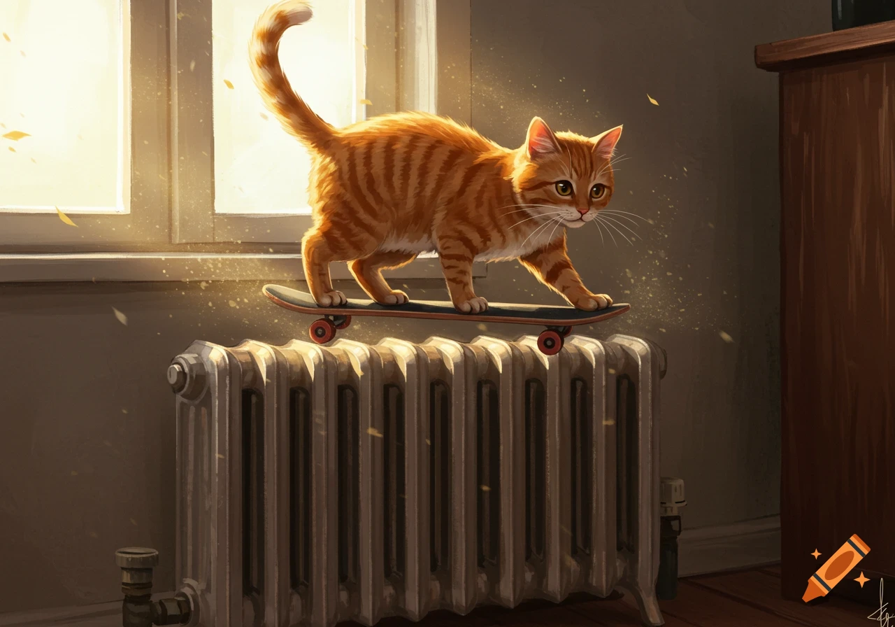 A cute orange tabby cat balancing on a skateboard on top of a radiator in front of a sunlit window, digital art.