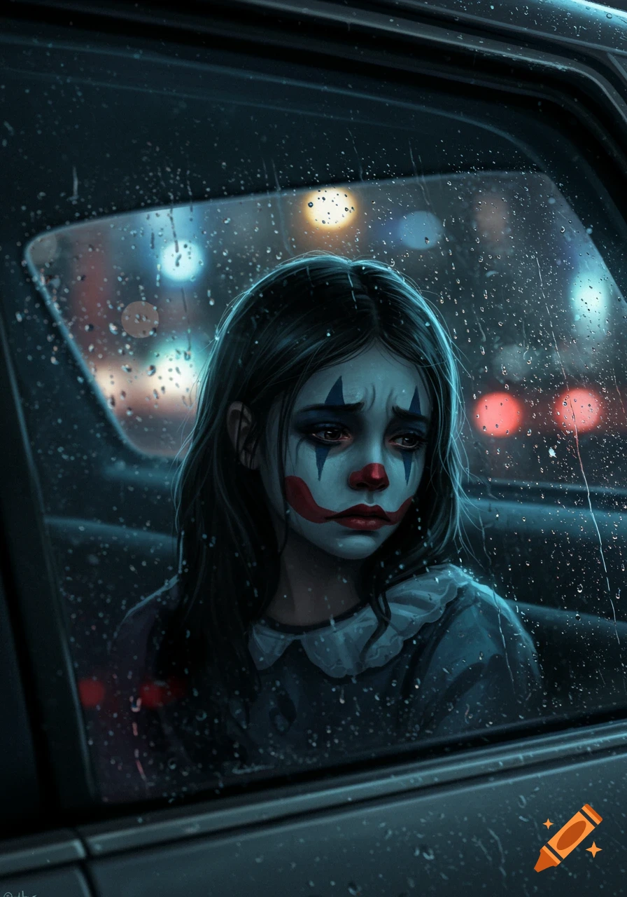 Digital art portrait of a sad girl in clown makeup looking through a rain-streaked car window at night.