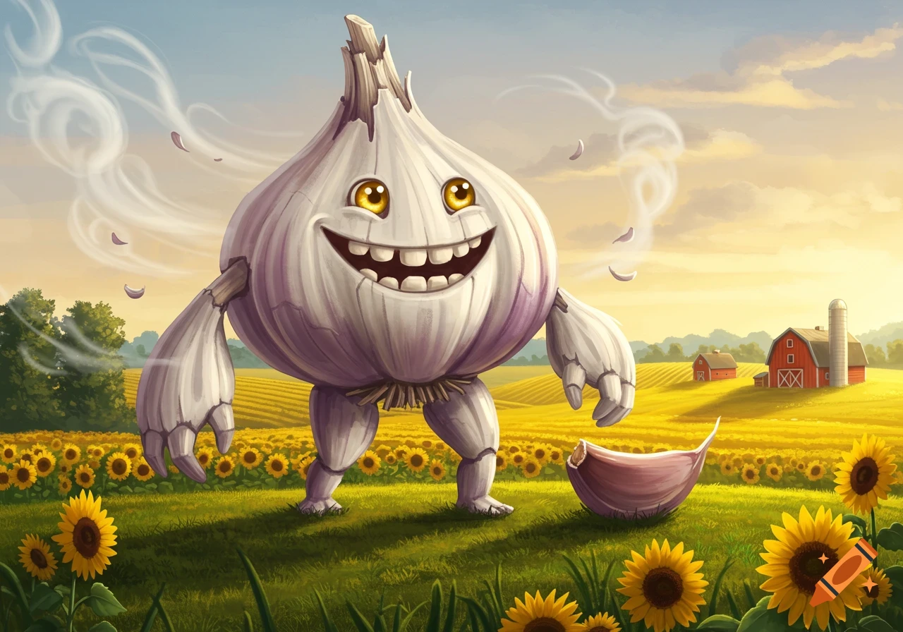 A happy cartoon garlic monster stands in a sunny sunflower field with red barns in the distance.