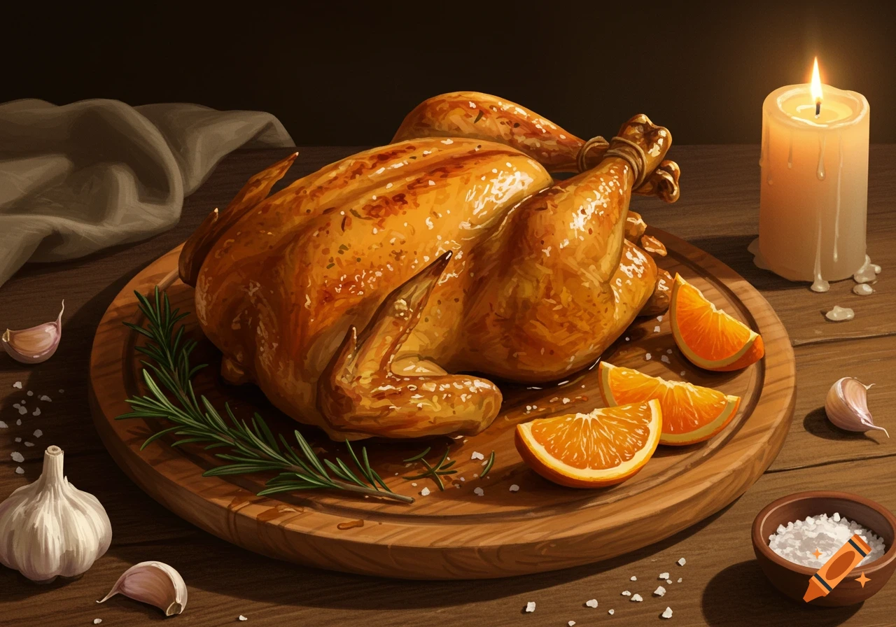 A glistening roasted whole chicken on a wooden cutting board, garnished with rosemary and orange slices, beside garlic, salt, and a lit candle.