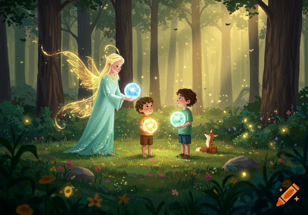 An illustrated fairy with glowing wings shares a blue orb with a boy, another boy holds a green orb, in a magical forest with a fox.