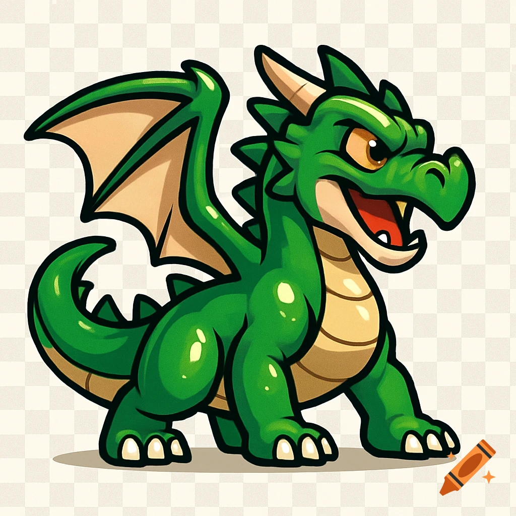 A cartoon green dragon with beige belly and wing membranes, thick black outlines, glossy effect, on a transparent background.