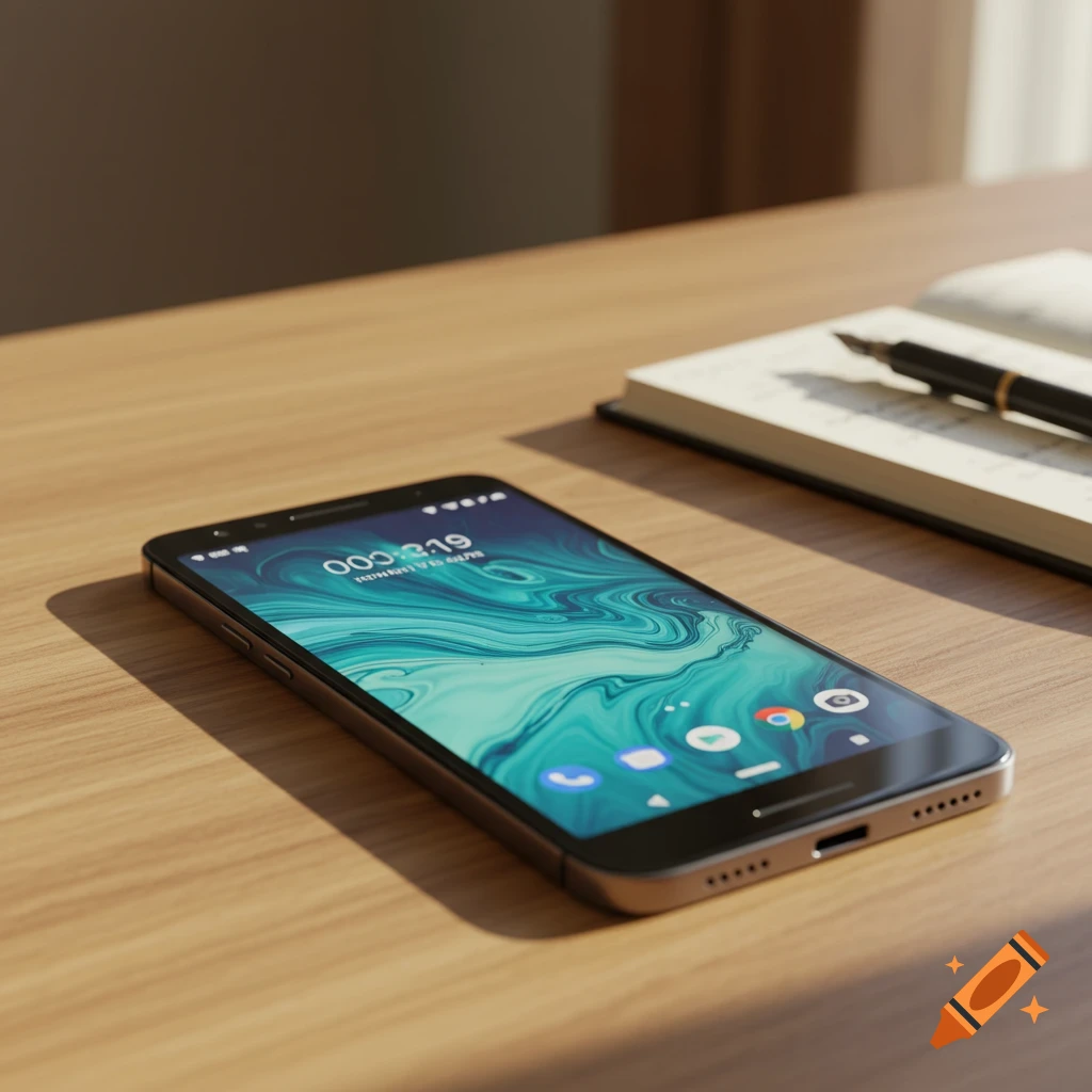 A photorealistic Google Pixel smartphone with a blue-green swirling wallpaper on a wooden desk next to an open notebook and pen.