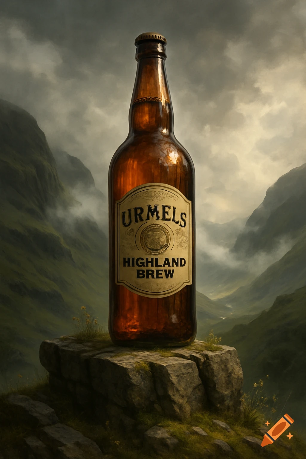 A photorealistic beer bottle labeled 'Urmels Highland Brew' stands on a rock in a misty, green mountainous landscape.