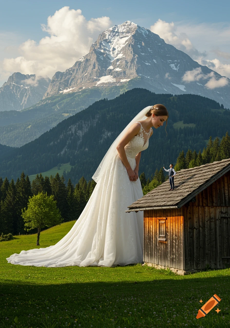 A giant bride in a white gown bends towards her tiny groom on a house roof in a photorealistic mountain landscape.