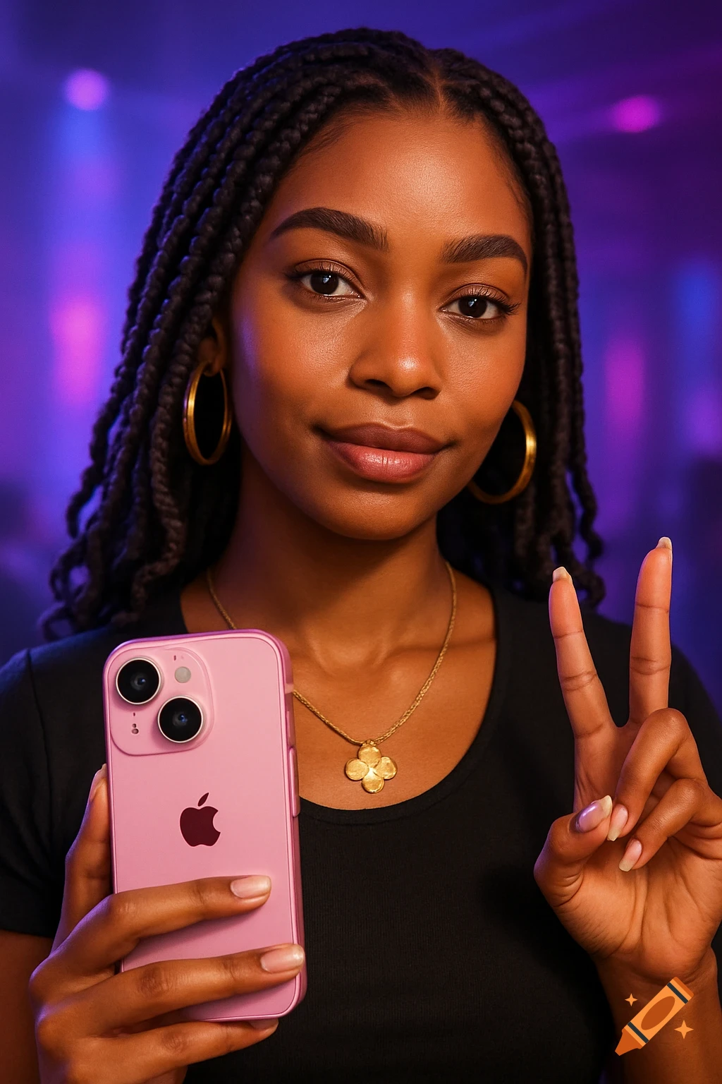 A young Black woman with braided hair holds a pink iPhone and makes a peace sign, under purple club lighting.