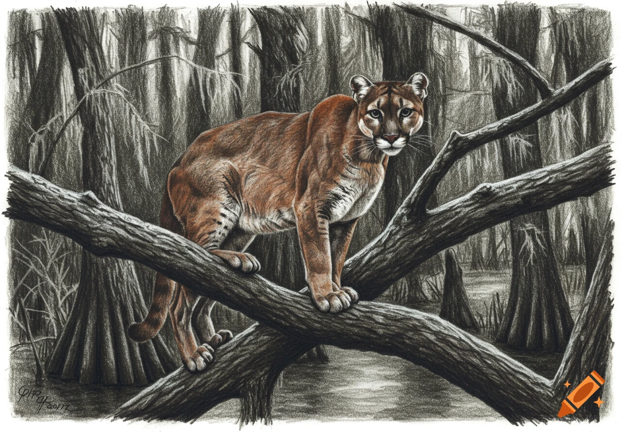 A brown panther perched on a tree branch in a swampy, grayscale charcoal forest sketch.