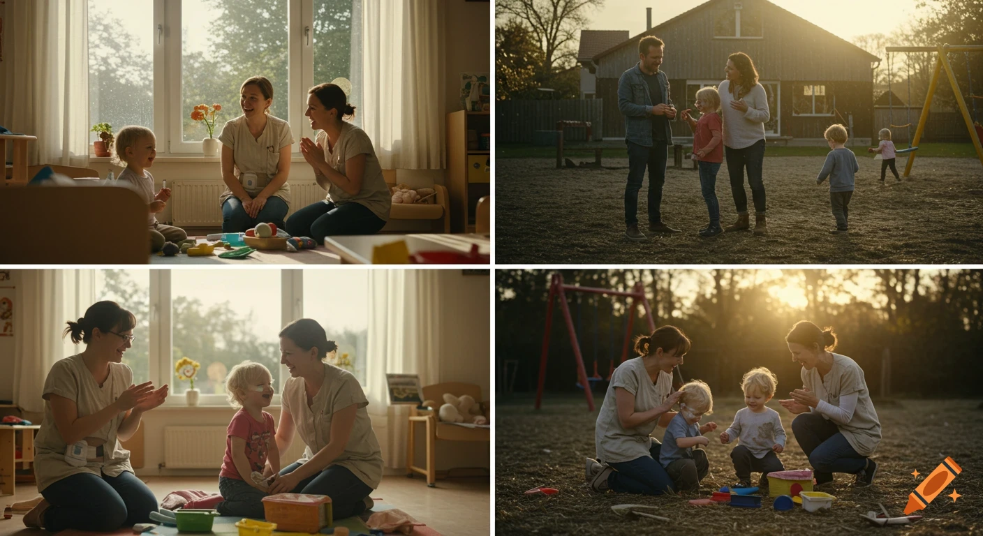 Four cinematic scenes of caregivers and children in warm light, depicting indoor play and outdoor interactions at a playground.