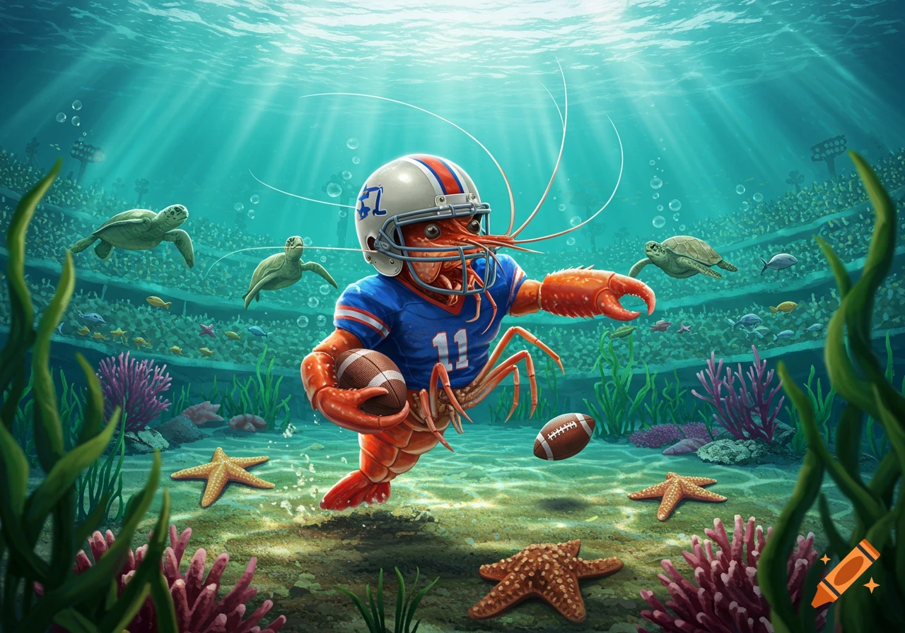 A cartoon crawfish in a football helmet and jersey runs with a football underwater, with a stadium, turtles, and fish in the background.