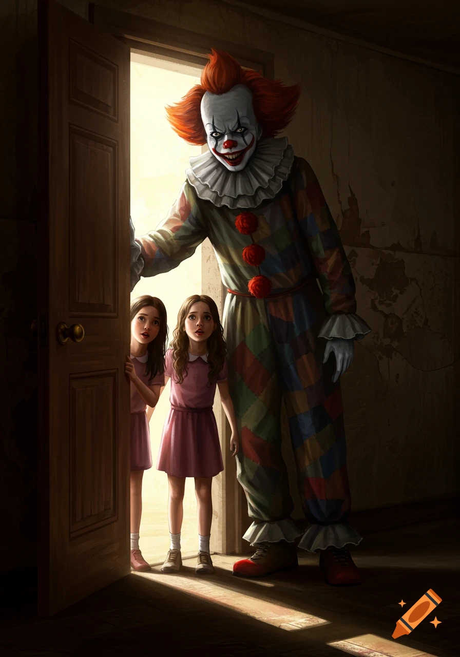 A menacing clown stands behind two frightened girls peeking from a doorway, digital illustration.