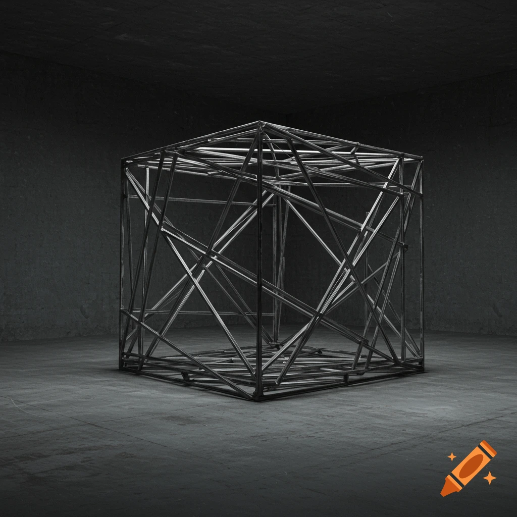 An abstract, metallic geometric cage-like structure, resembling an incomplete cube, stands in a stark, dimly lit concrete room.