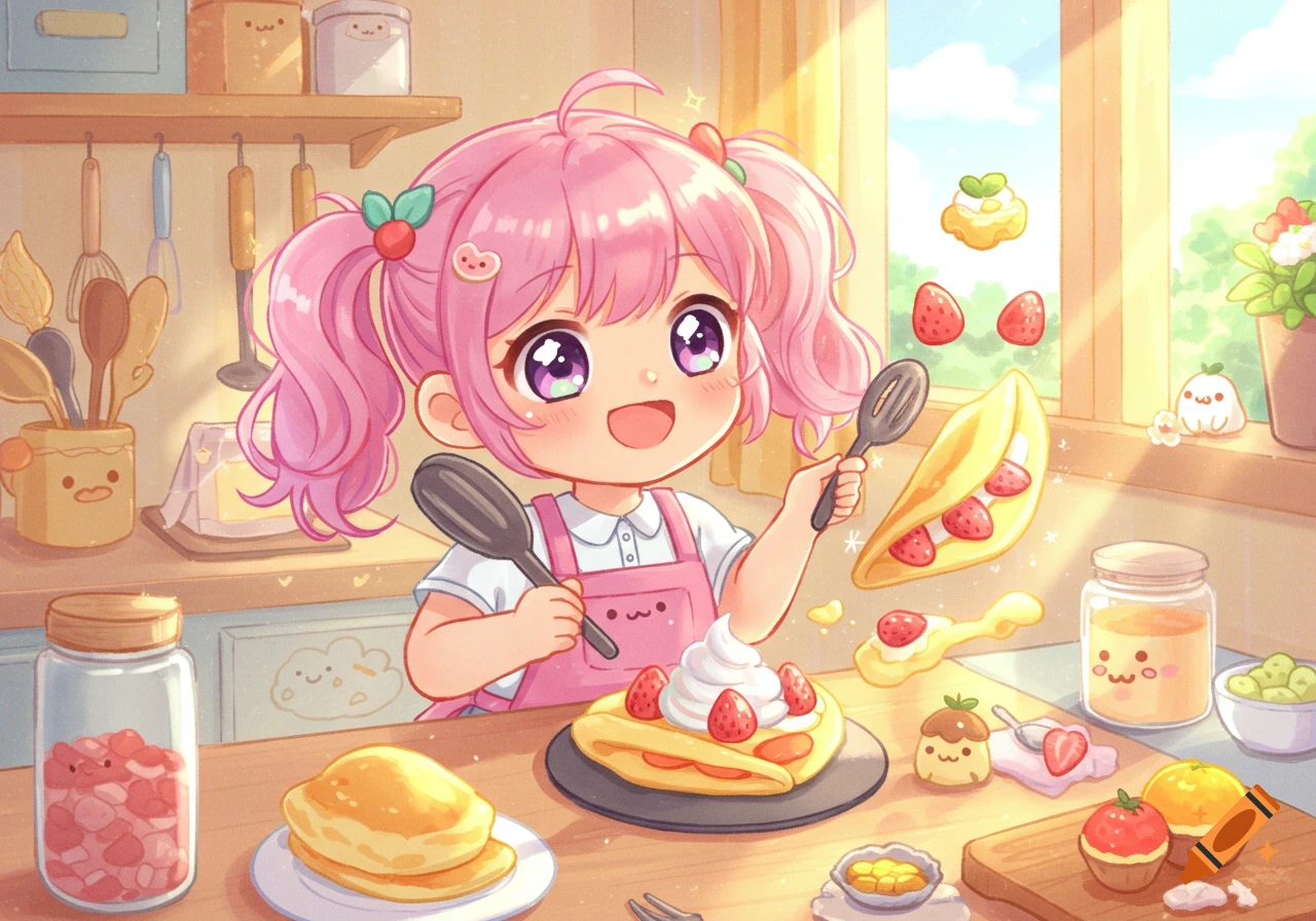 A cute, pink-haired anime girl in an apron happily bakes crepes with strawberries and whipped cream in a sunny kitchen, anime style.