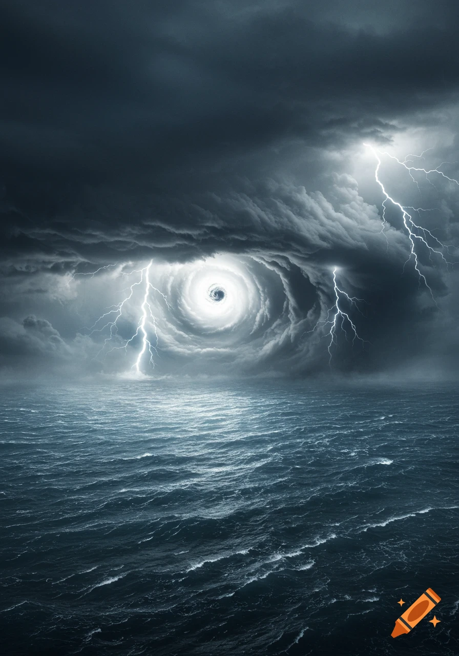 A dramatic hurricane with a clear eye, dark stormy clouds, lightning bolts, and rough waves on a vast ocean.
