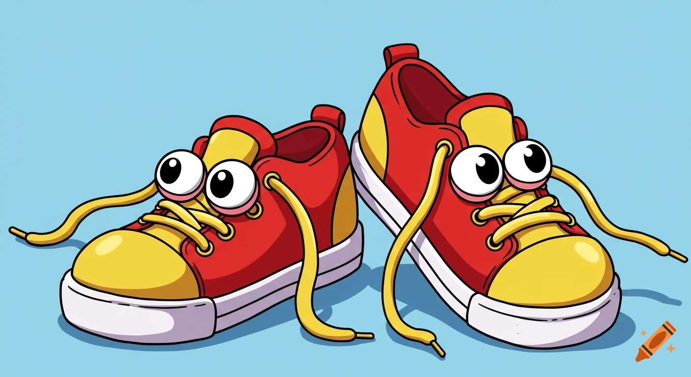 A pair of red and yellow cartoon sneakers with googly eyes attached to their shoelaces, set against a light blue background.