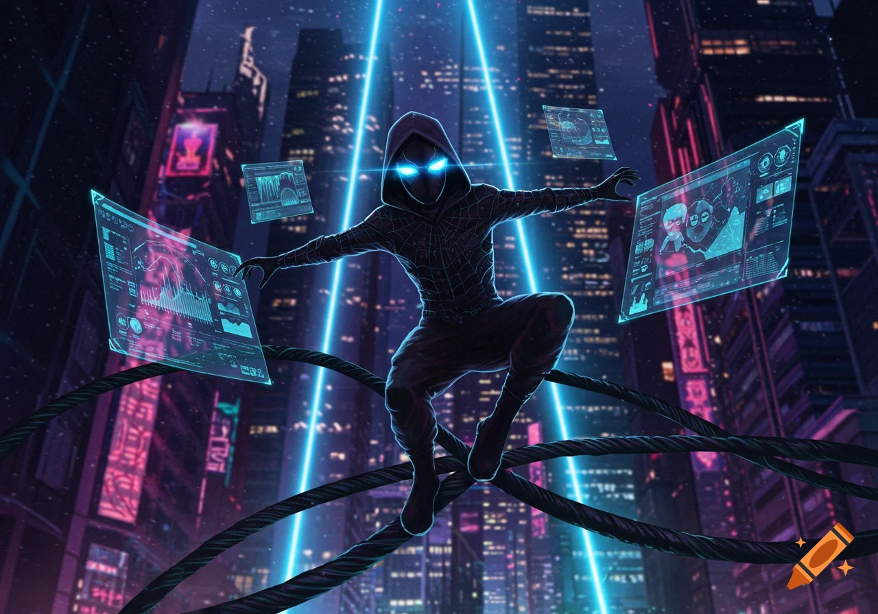 A hooded superhero with glowing blue eyes in a dark, textured suit, surrounded by floating holographic screens displaying garbled data in a neon-lit futuristic city.