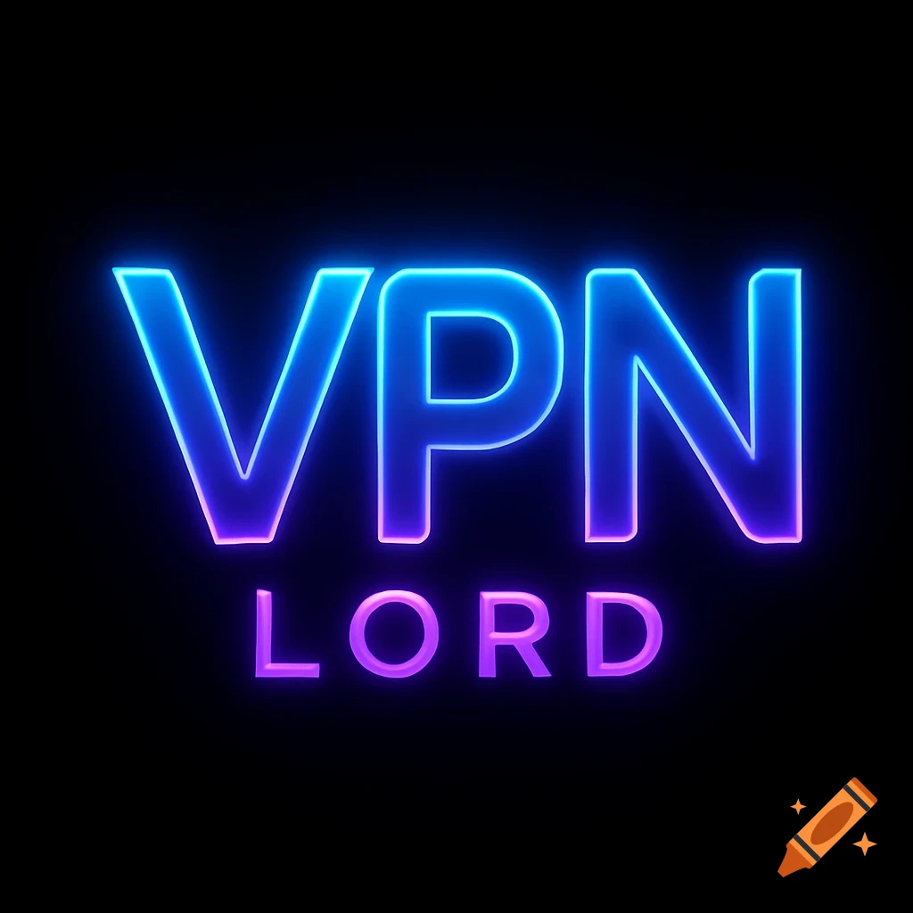 Blue and purple neon text spelling "VPN" above "LORD" on a black background.