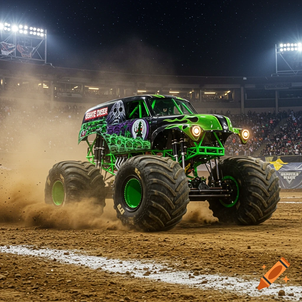 A black and green Grave Digger monster truck kicks up dirt during a nighttime event in a crowded arena.