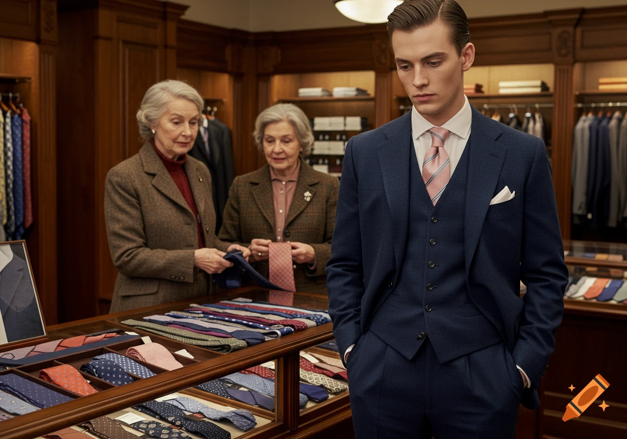 A young man in a blue three-piece suit stands in a department store while two older women examine ties.