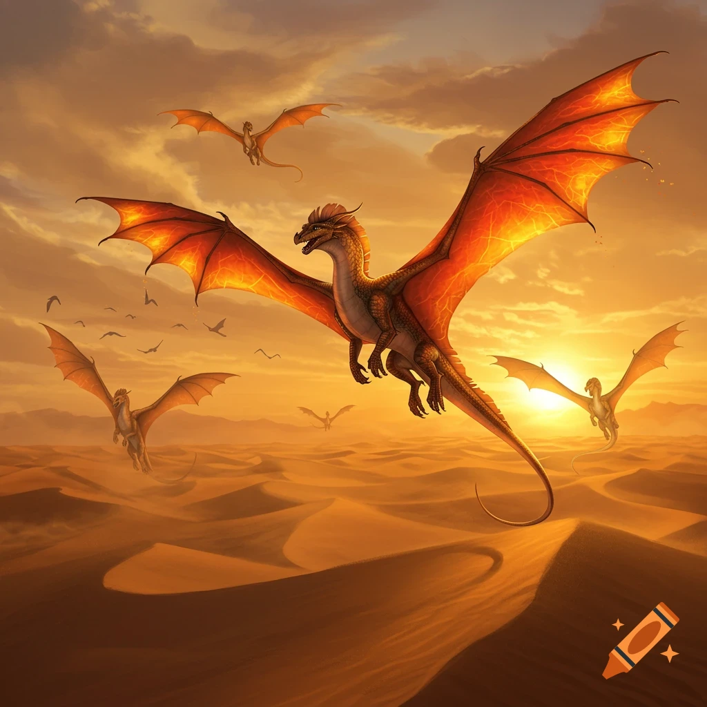 Multiple fire-winged dragons fly gracefully over golden sand dunes at sunset under an orange sky, in a detailed fantasy digital painting.