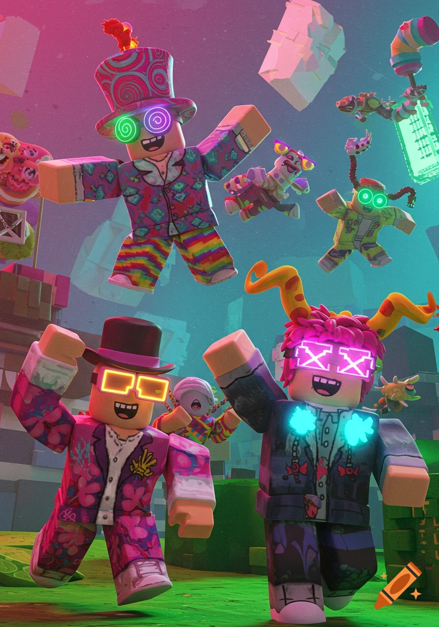Several colorful, blocky Roblox characters in vibrant, patterned clothing with glowing eyes and accessories, in a surreal environment.