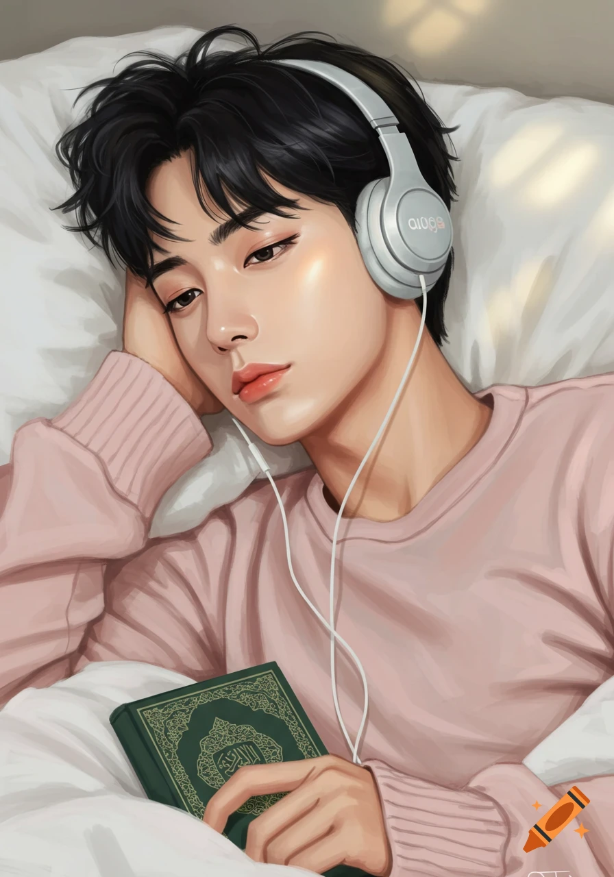 Digital painting of a young man with dark hair, wearing headphones, lying in bed with a Quran in his hand.