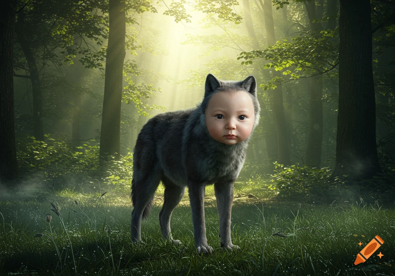 A photorealistic wolf with a baby's head stands in a sun-dappled forest.