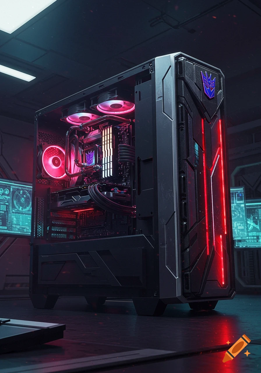 A futuristic black gaming PC with glowing red lights and Decepticon logos in a dark, high-tech room.