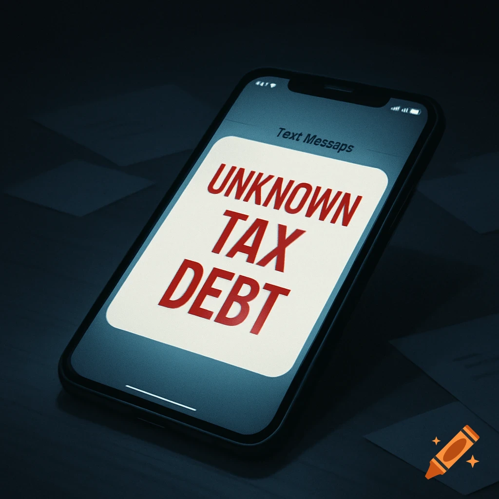 A smartphone displays a text message on a dark screen showing 'UNKNOWN TAX DEBT' in red letters.