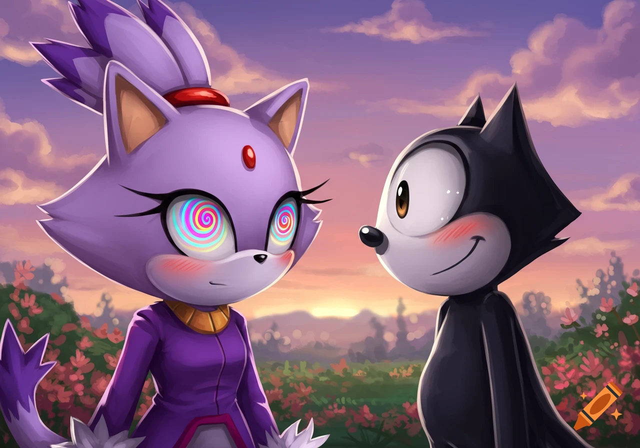 Blushing Blaze the Cat with spiral hypnotic eyes looks at Felix the Cat in a flowery field at sunset, cartoon style.