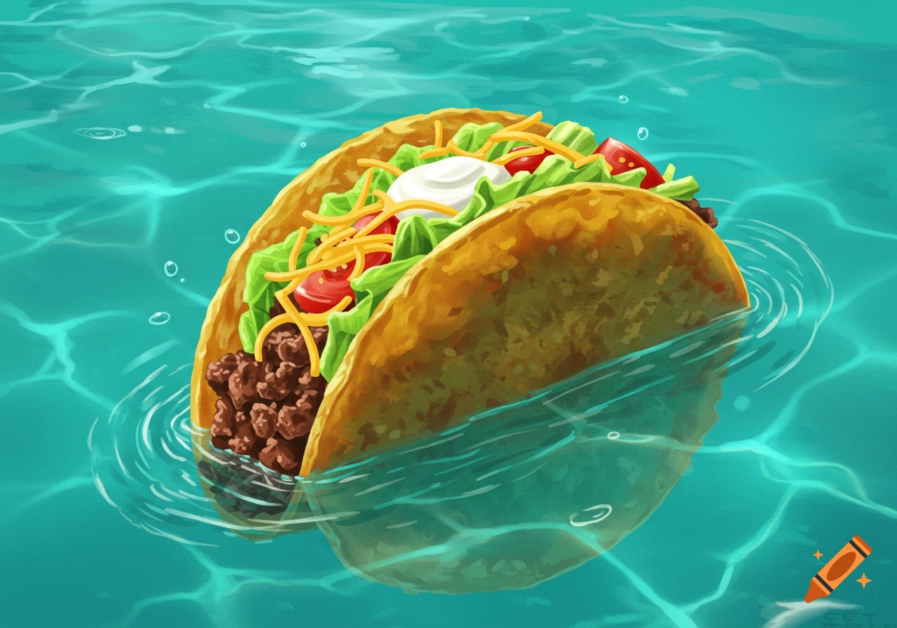 Illustrated taco floating in clear blue water with ripples.