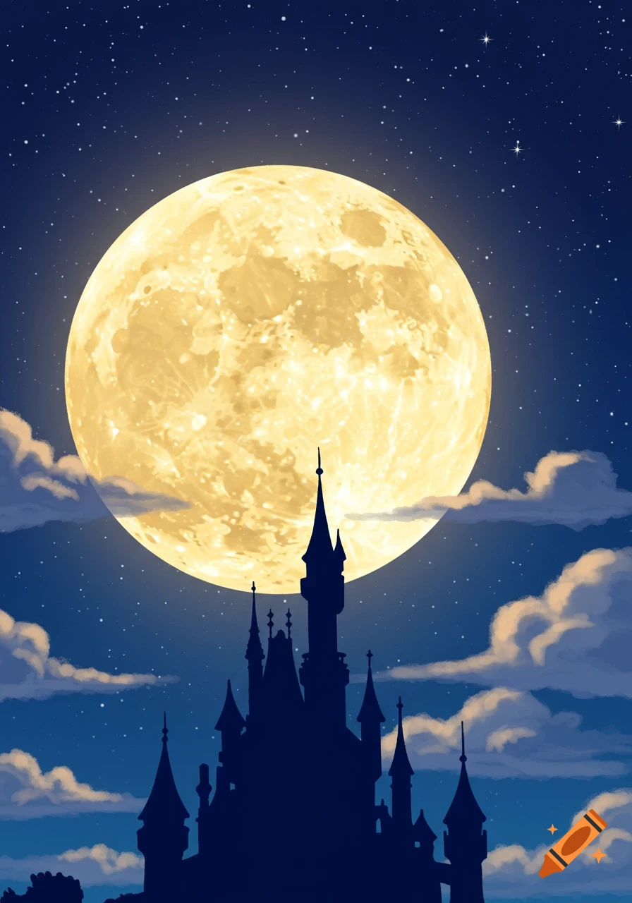 A fairytale silhouette of a castle under a massive, glowing full moon in a starry night sky with wispy clouds.