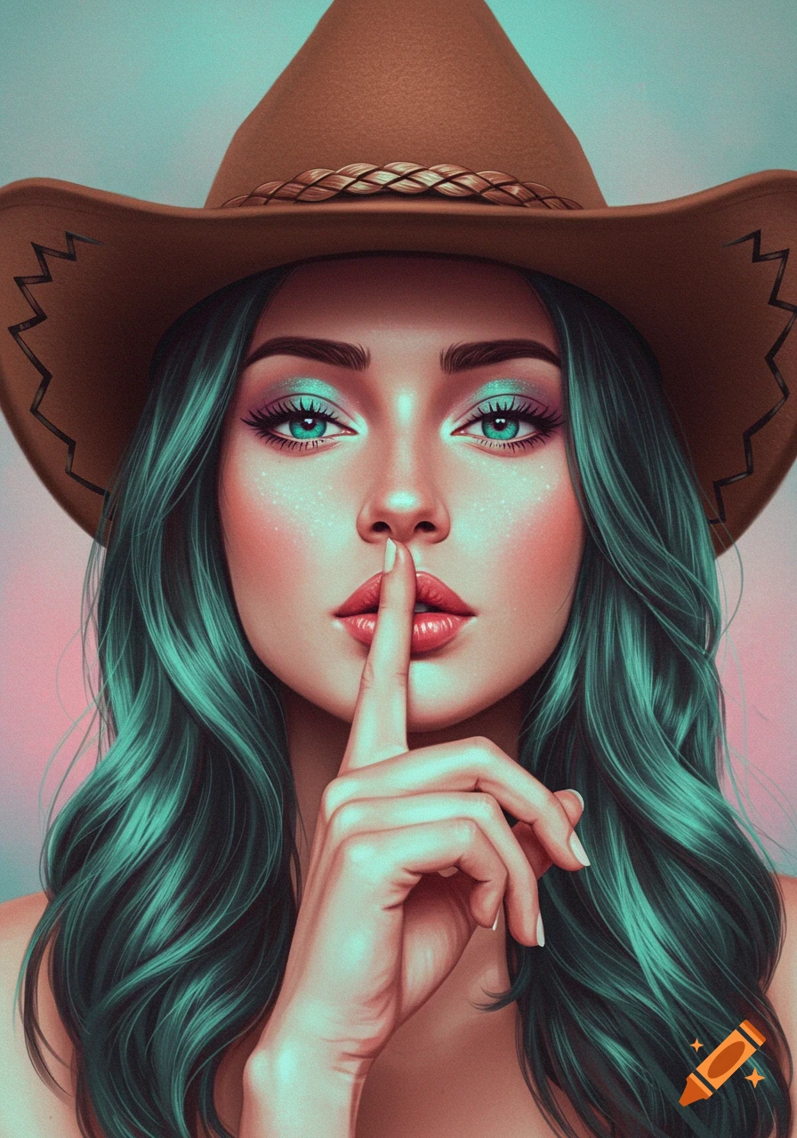 A stylized digital portrait of a woman in a cowboy hat with long teal hair and pastel makeup, putting a finger to her glossy lips.