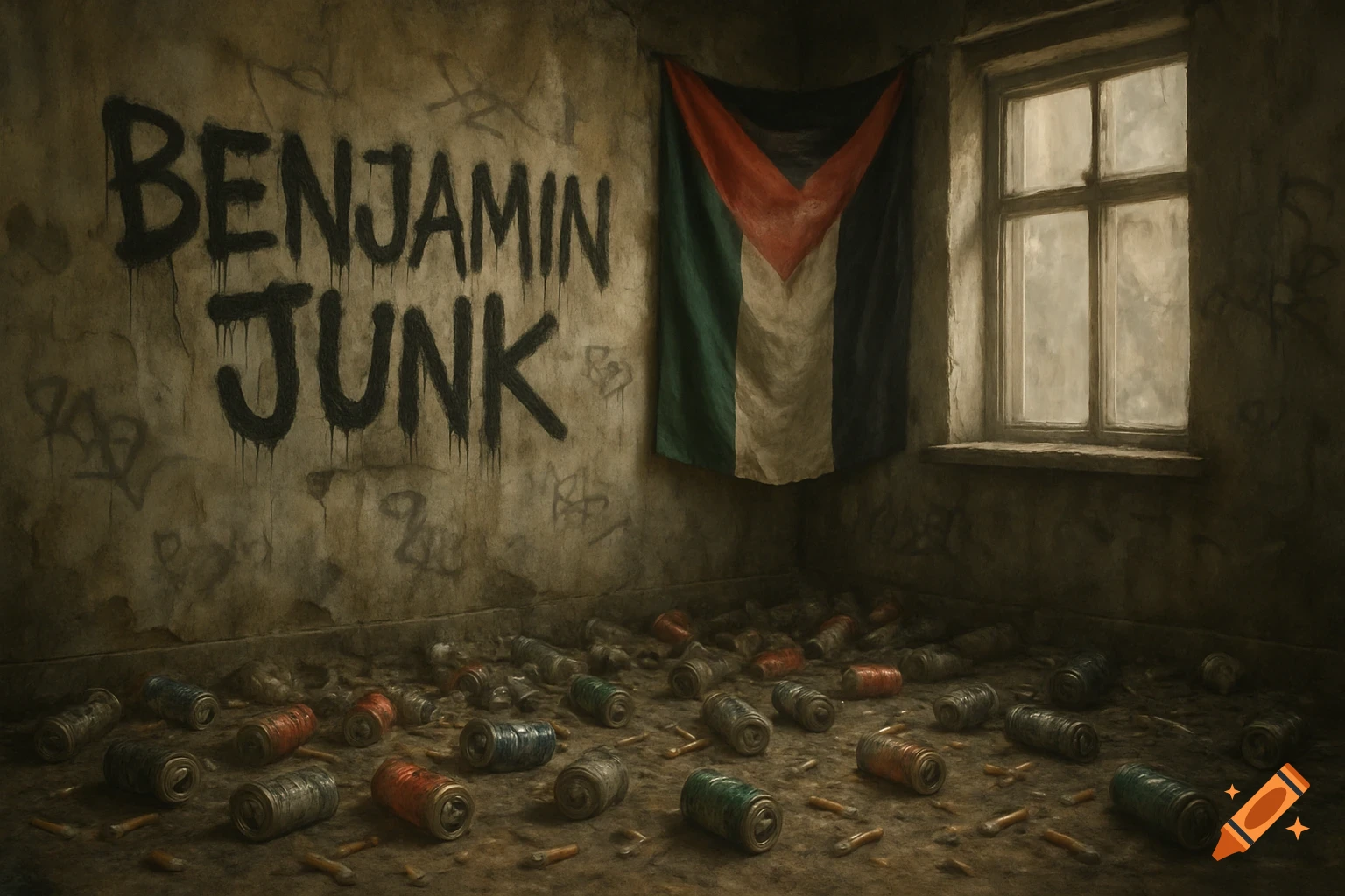 A grungy, abandoned room with 'BENJAMIN JUNK' graffiti, a Palestinian flag, and litter on the floor.