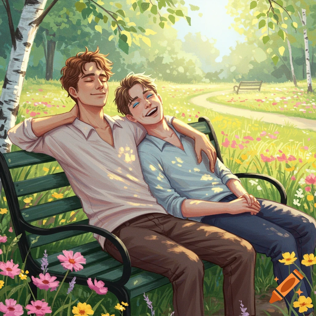 Two relaxed men embrace on a park bench, smiling amidst a sunny pastel drawing of flowers and trees.