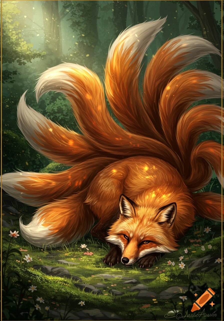 An elegant, majestic nine-tailed fox (Kitsune) with orange fur and white-tipped tails lies on a lush, green forest floor with small white flowers under dappled sunlight.