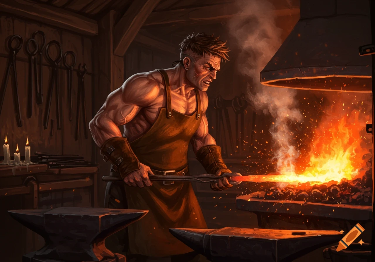 A muscular blacksmith with short brown hair works intensely at a glowing forge, striking hot metal in a detailed, illustrative style.