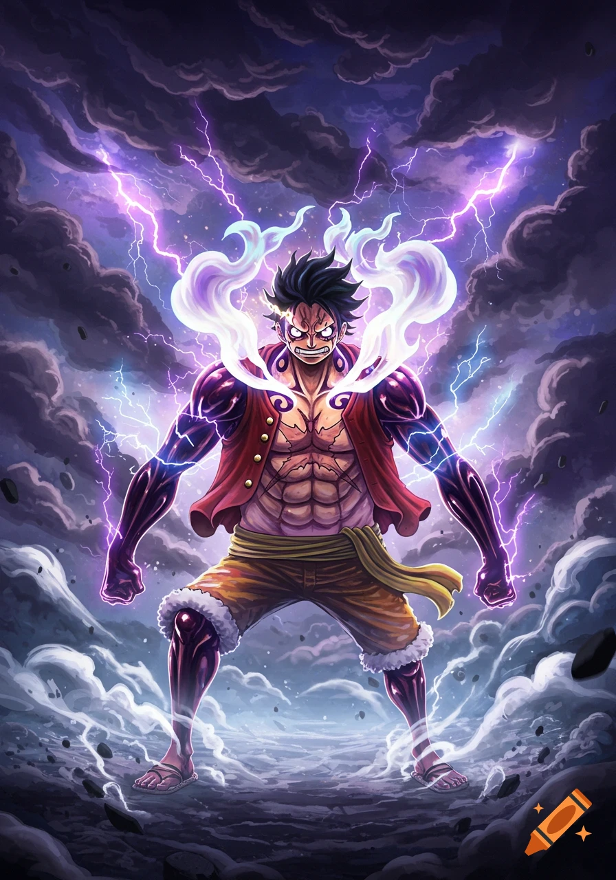 Anime illustration of Monkey D. Luffy in Gear 5, glowing with white smoke and purple lightning amidst dark clouds.