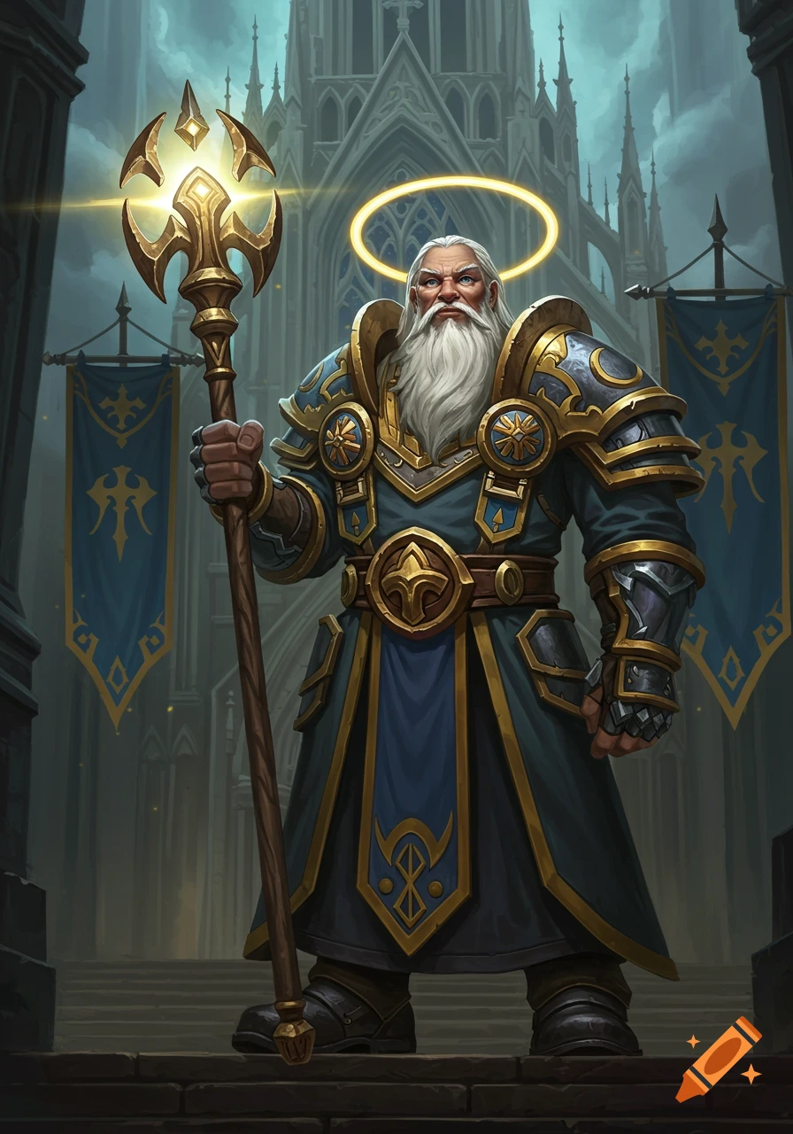 A strong-built old priest with a white beard, wearing blue and gold armor, holds a glowing staff in front of a gothic cathedral with Alliance banners, a luminous halo above his head.